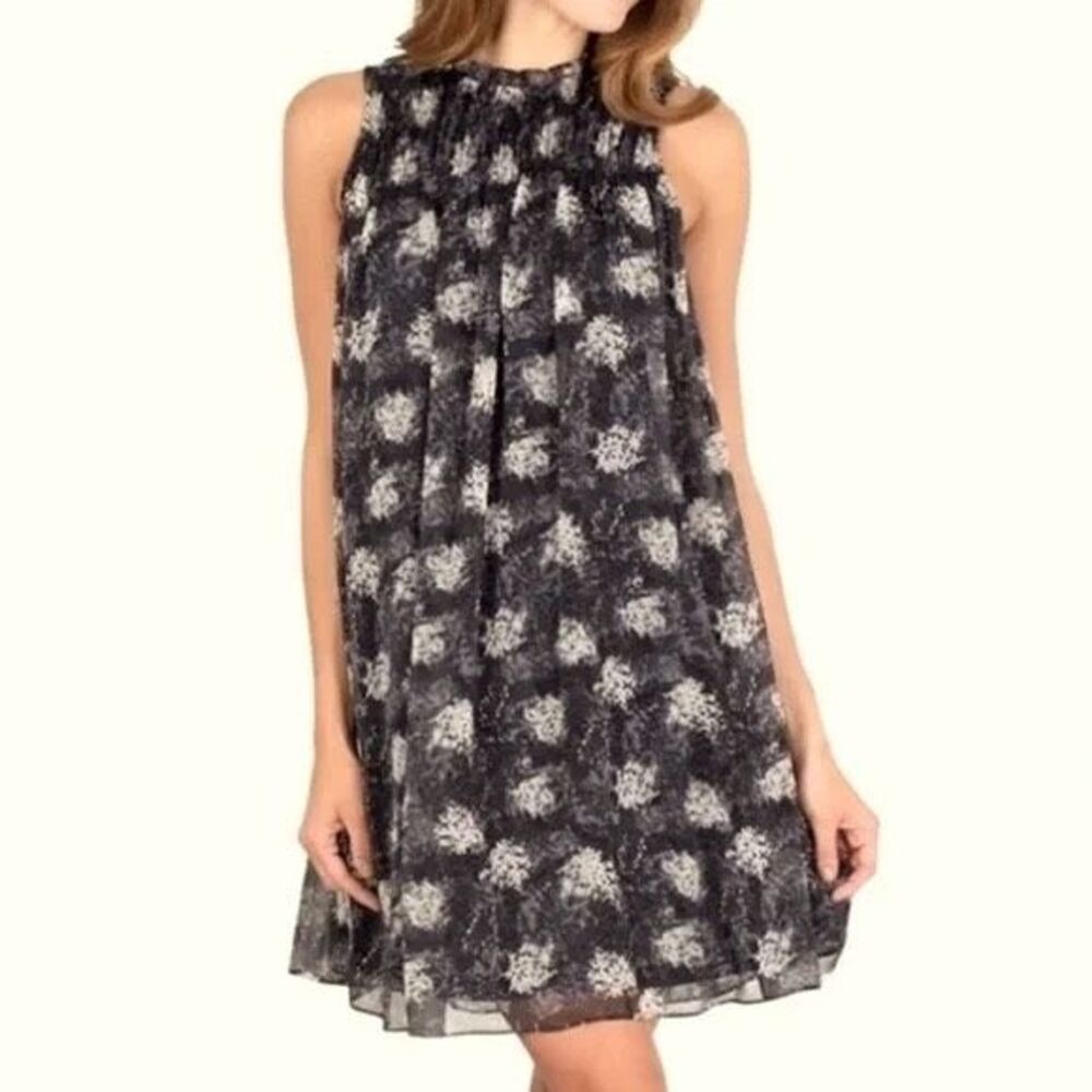 Joie Baltic Print Ruffle Smocked High Neck Sleeveless Mini Swing Dress Size L